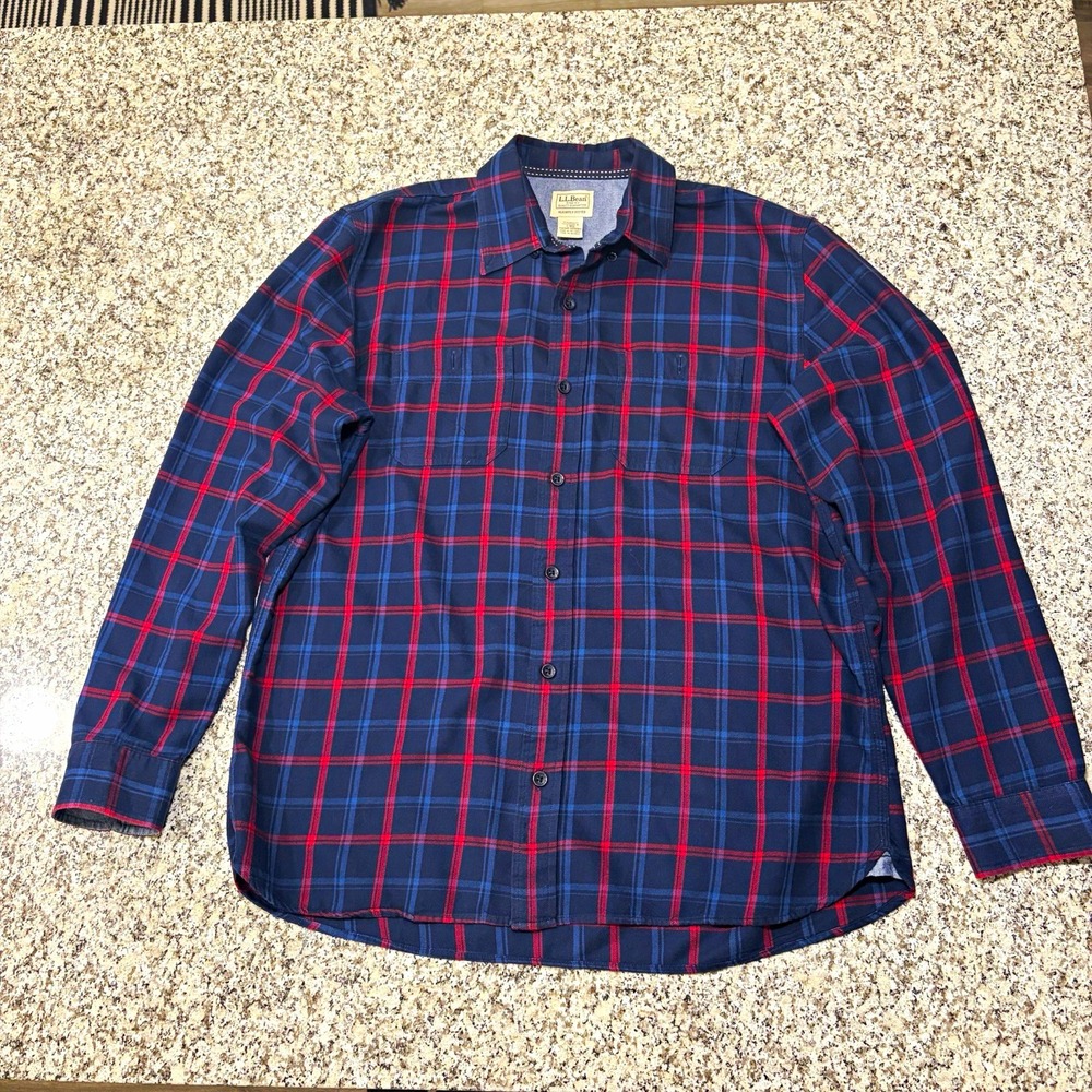 LL Bean Mens Large Plaid Shirt Organic Cotton Tencel Navy Red 505083